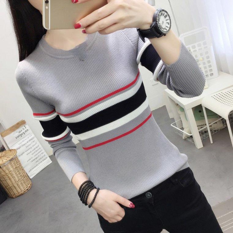 Strickwaren Damen Herbst Rundhals Ärmel Mode Streifen Hemd Langarm Pullover XL grau von Joom DACH