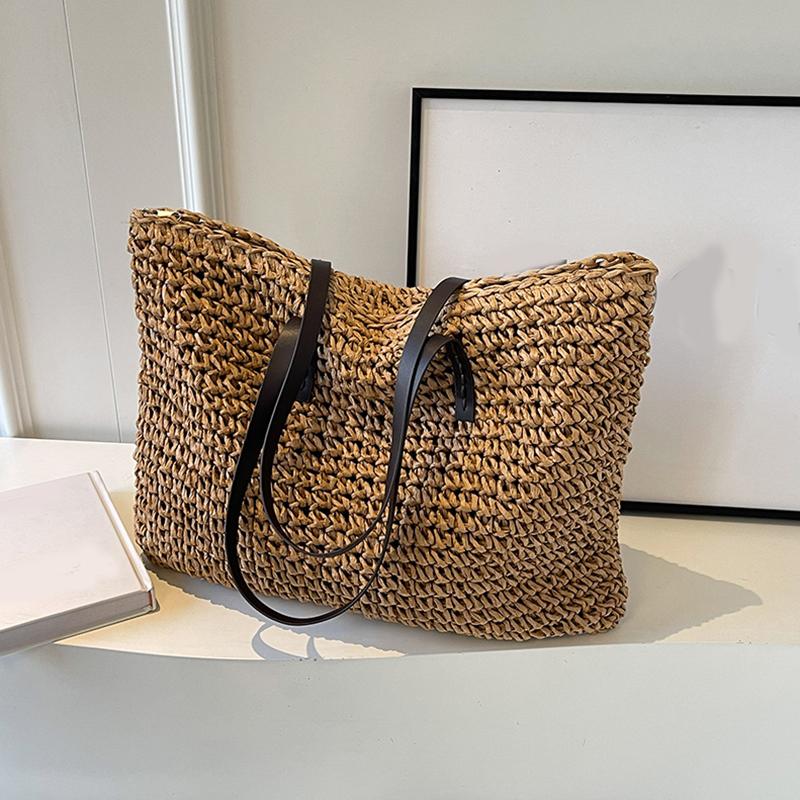 Stroh gewebte Tragetaschen Casual Große Luxus-Design Kapazität Handtasche Strand Schulter einfache Damen Tasche Shopping Sommer 48x2x38cm khaki von Joom DACH