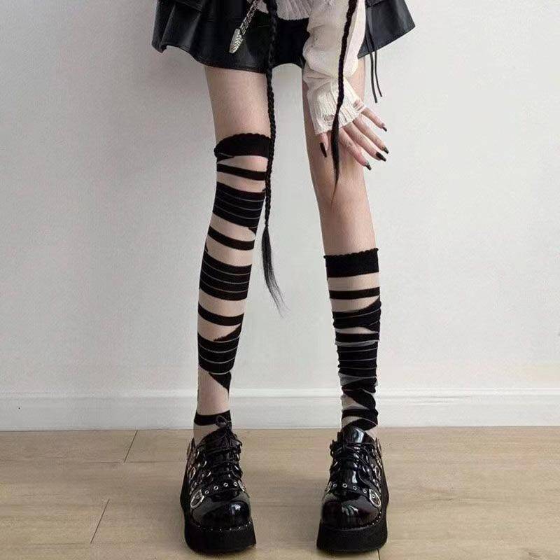 Strümpfe Damen Bandage Seide Oberschenkel Kniestrümpfe Cross Strap Transparent Weiß Schwarz Strümpfe Gothic Punk Lange Socken Damen Strumpfwaren one size schwarz von Joom DACH