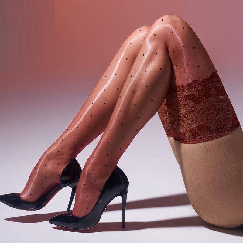 Strümpfe mit Polka Dot-Print Party Durchsichtig Lange Seidenstrümpfe Damen Spitze Oberschenkelhohe Strümpfe One size bordeaux von Joom DACH