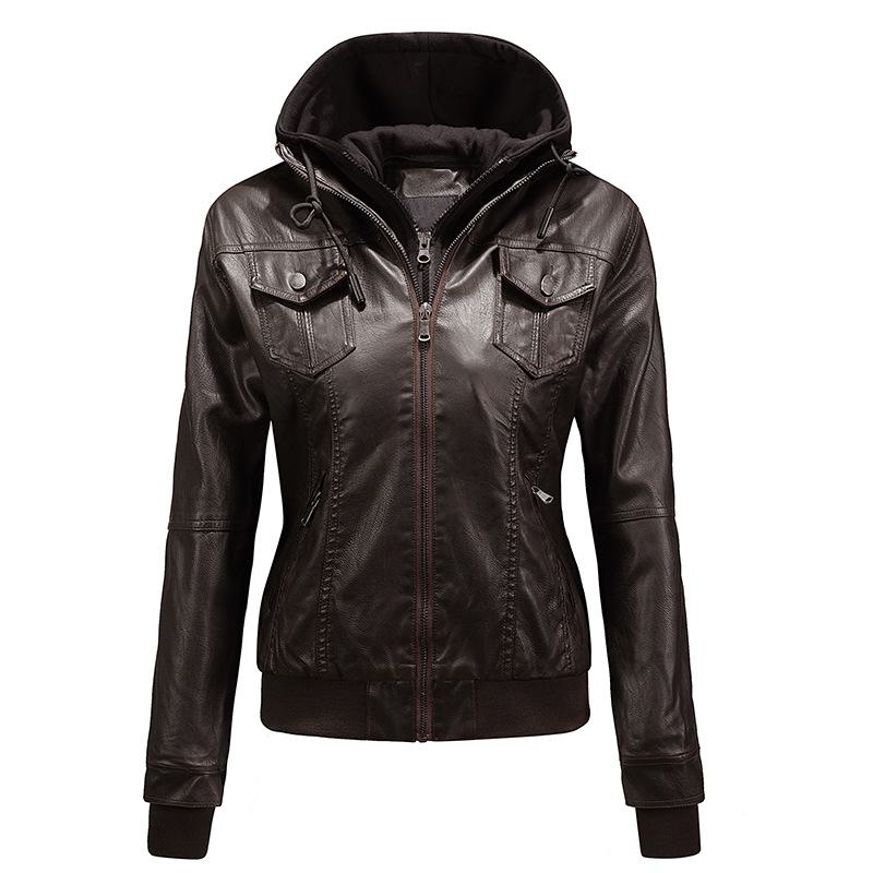 Stylische Damen Lederjacke mit Kapuze für Herbst und Winter XS kaffeebraun von Joom DACH