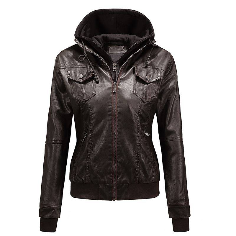Stylische Damen Lederjacke mit Kapuze für Herbst und Winter XS kaffeebraun von Joom DACH