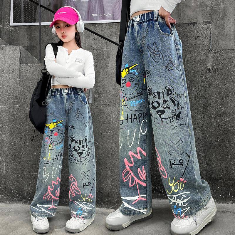 Stylische Graffiti Wide-Leg Denim Jeans für Mädchen - Frühling & Herbst Streetstyle Loose Fit für große & mittlere Kinder 140 cm von Joom DACH