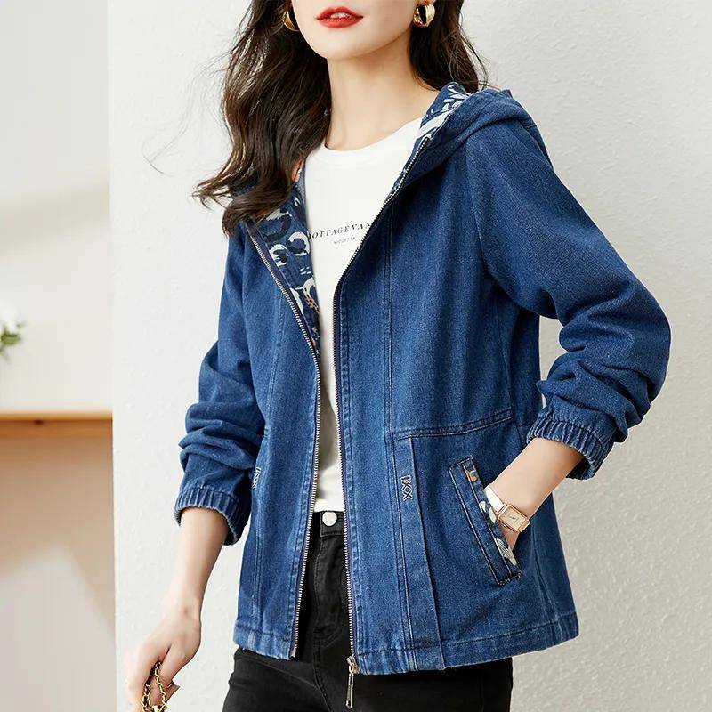Stylische Kapuzen-Jeansjacke Damen Kurze Jeansjacke Mutter Oberbekleidung Locker Lässige Jacken Frühling Herbst L blau von Joom DACH