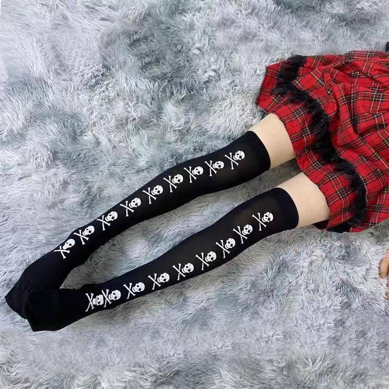 Subkultur Klassische Lolita Schwarze Gothic-Strümpfe Süße Strümpfe Oberschenkelhohe Japanische Mädchen Gothic Punk Retro Spinnennetz Totenkopf Fledermaus Lange Socken One Size von Joom DACH