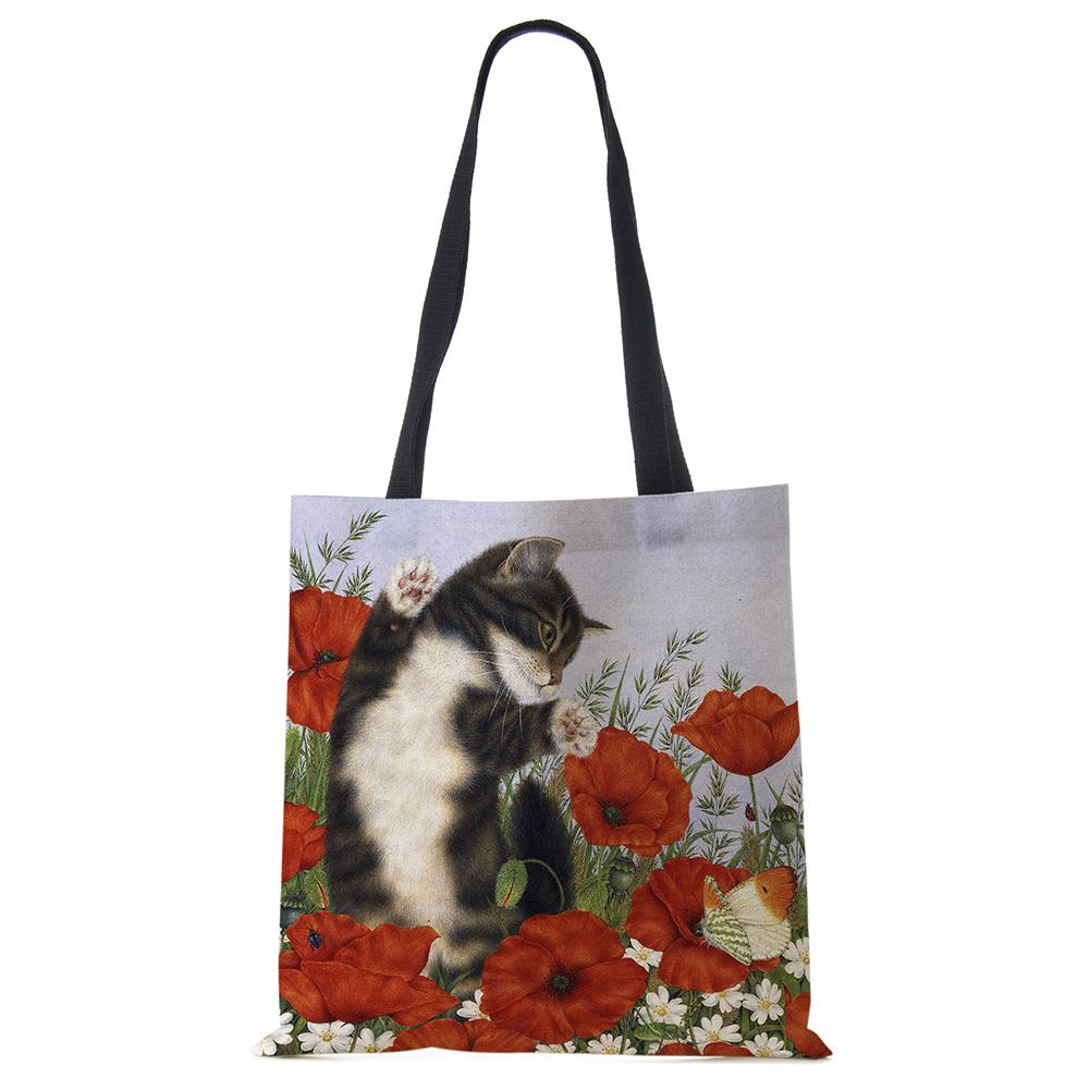 Süße Katze Blumen Malerei Druck Damen Designer Tragetaschen Damen Handtasche Große Einkaufstasche faltbar für Lebensmittel von Joom DACH