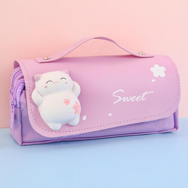Süße Katze Dekompression Federmäppchen Große Bleistiftbox Tragbare Mädchen Stifttasche Doppelschicht Schultasche Kawaii Briefpapier Pensil Case A violett von Joom DACH
