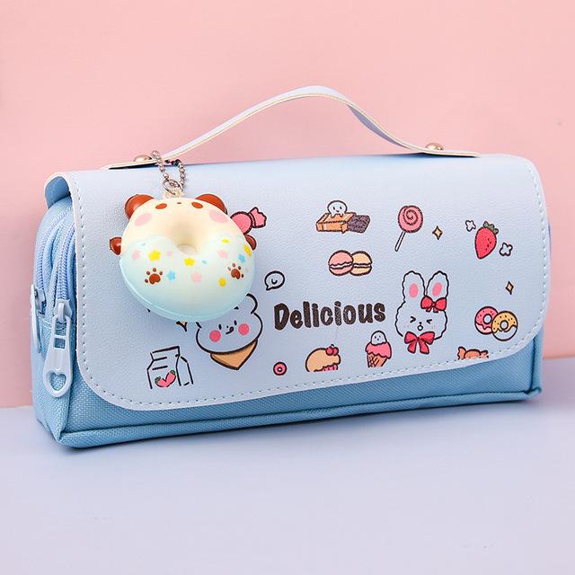 Süße Katze Dekompression Federmäppchen Große Bleistiftbox Tragbare Mädchen Stifttasche Doppelschicht Schultasche Kawaii Briefpapier Pensil Case B blau von Joom DACH