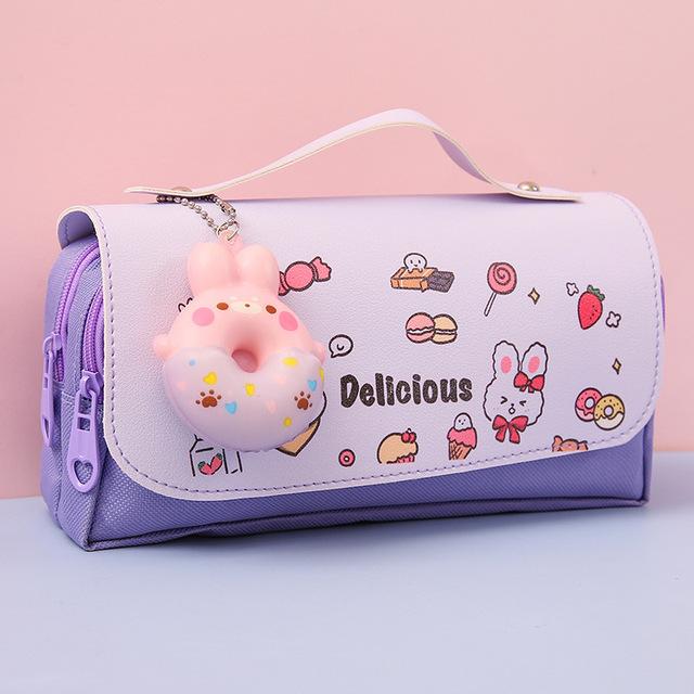 Süße Katze Dekompression Federmäppchen Große Bleistiftbox Tragbare Mädchen Stifttasche Doppelschicht Schultasche Kawaii Briefpapier Pensil Case B violett von Joom DACH