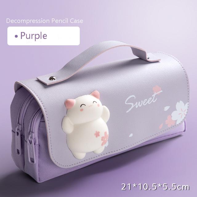 Süße Katze Dekompression Federmäppchen Große Bleistiftbox Tragbare Mädchen Stifttasche Doppelschicht Schultasche Kawaii Briefpapier Pensil Case C violett von Joom DACH