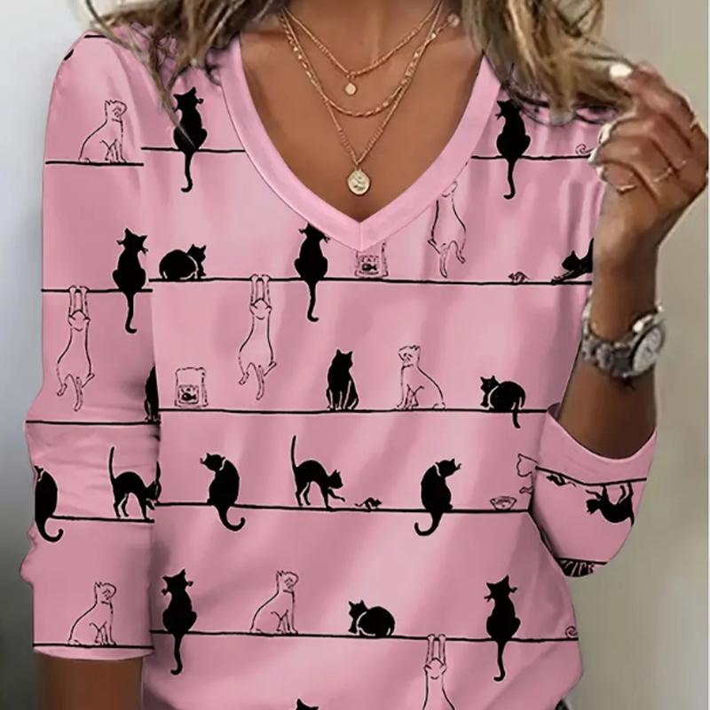 Süße Katze Print Frauen T-Shirts Damen Tops Langarm V-Ausschnitt Pullover Femme T-Shirts T-Shirt für Frauen L rosa von Joom DACH