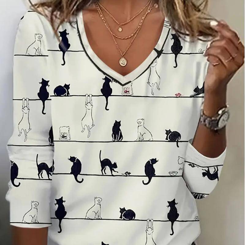 Süße Katze Print Frauen T-Shirts Damen Tops Langarm V-Ausschnitt Pullover Femme T-Shirts T-Shirt für Frauen S weiß von Joom DACH