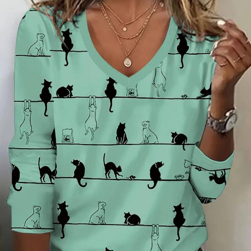 Süße Katze Print Frauen T-Shirts Damen Tops Langarm V-Ausschnitt Pullover Femme T-Shirts T-Shirt für Frauen XL grün von Joom DACH