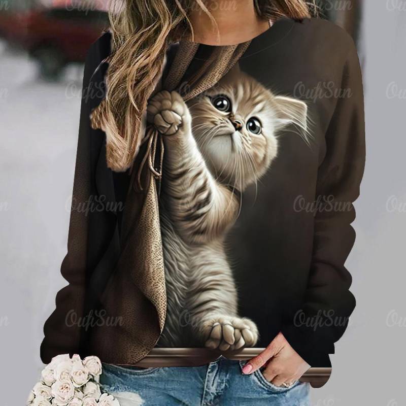 Süße Katze Print Mode Damen Langarm T-Shirts Herbst Frauen Kleidung Casual Baumwolle Pullover Lose Weibliche Tops Streetwear 2XL von Joom DACH