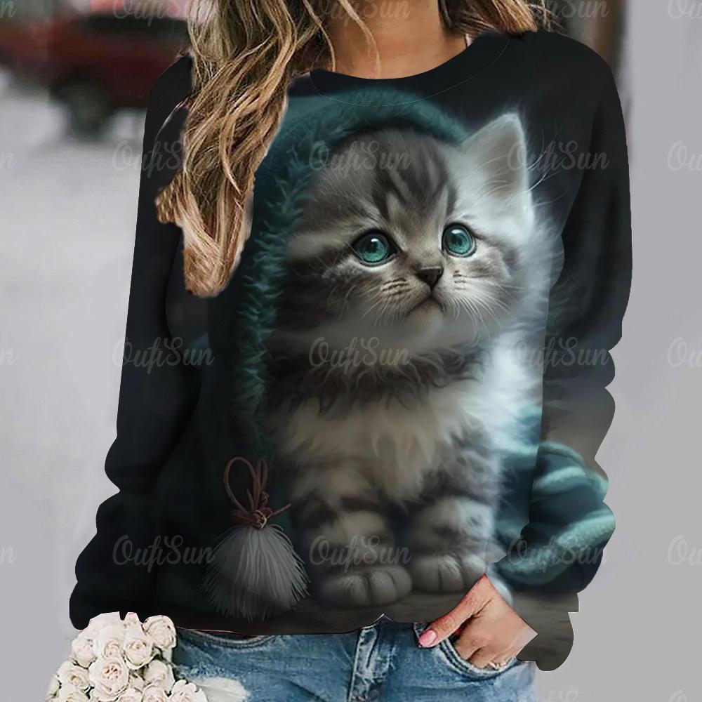 Süße Katze Print Mode Damen Langarm T-Shirts Herbst Frauen Kleidung Casual Baumwolle Pullover Lose Weibliche Tops Streetwear L von Joom DACH