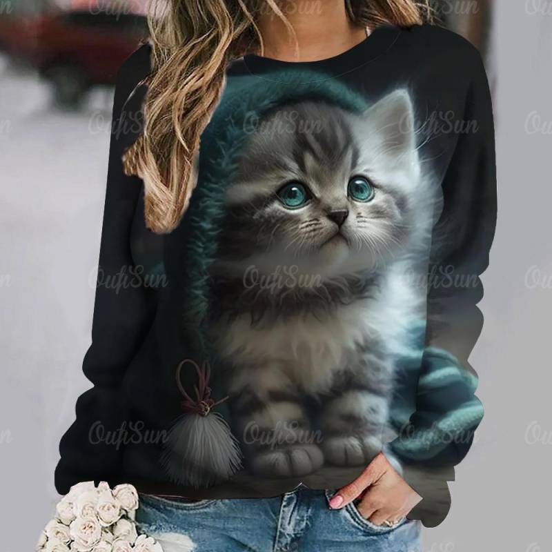 Süße Katze Print Mode Damen Langarm T-Shirts Herbst Frauen Kleidung Casual Baumwolle Pullover Lose Weibliche Tops Streetwear L von Joom DACH