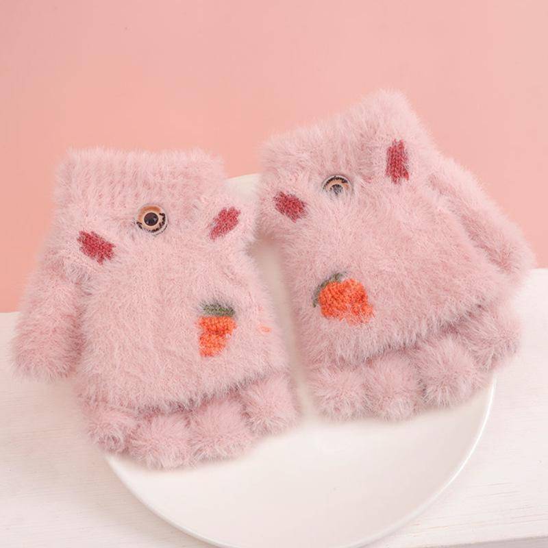Süße Kinderhandschuhe Winter Warm Kunstpelz Strick Junge Mädchen Kinder Handschuh Cartoon Halbfinger Flip Cover Outdoor Fäustlinge 3-7Y hellrosa von Joom DACH
