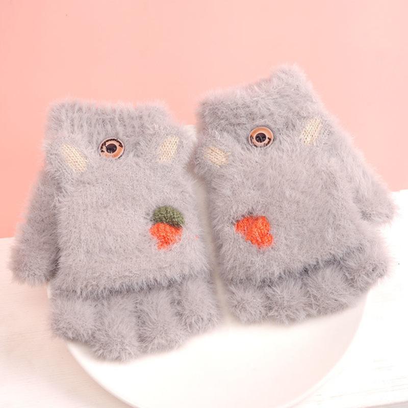 Süße Kinderhandschuhe Winter Warm Kunstpelz Strick Junge Mädchen Kinder Handschuh Cartoon Halbfinger Flip Cover Outdoor Fäustlinge 3-7Y graue von Joom DACH
