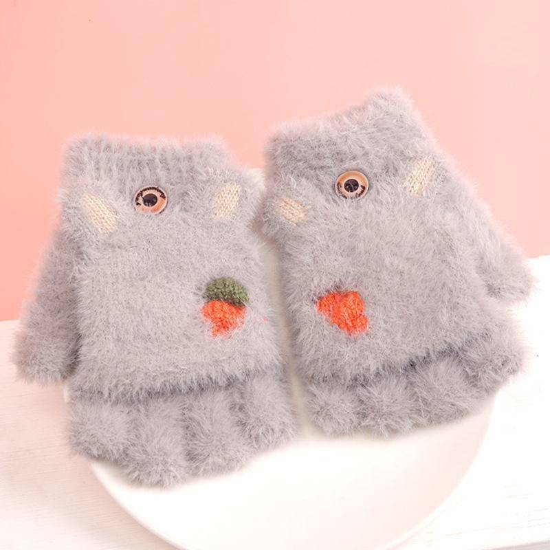 Süße Kinderhandschuhe Winter Warm Kunstpelz Strick Junge Mädchen Kinder Handschuh Cartoon Halbfinger Flip Cover Outdoor Fäustlinge 3-7Y graue von Joom DACH