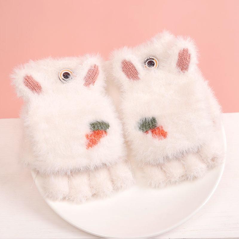 Süße Kinderhandschuhe Winter Warm Kunstpelz Strick Junge Mädchen Kinder Handschuh Cartoon Halbfinger Flip Cover Outdoor Fäustlinge 3-7Y weiß von Joom DACH