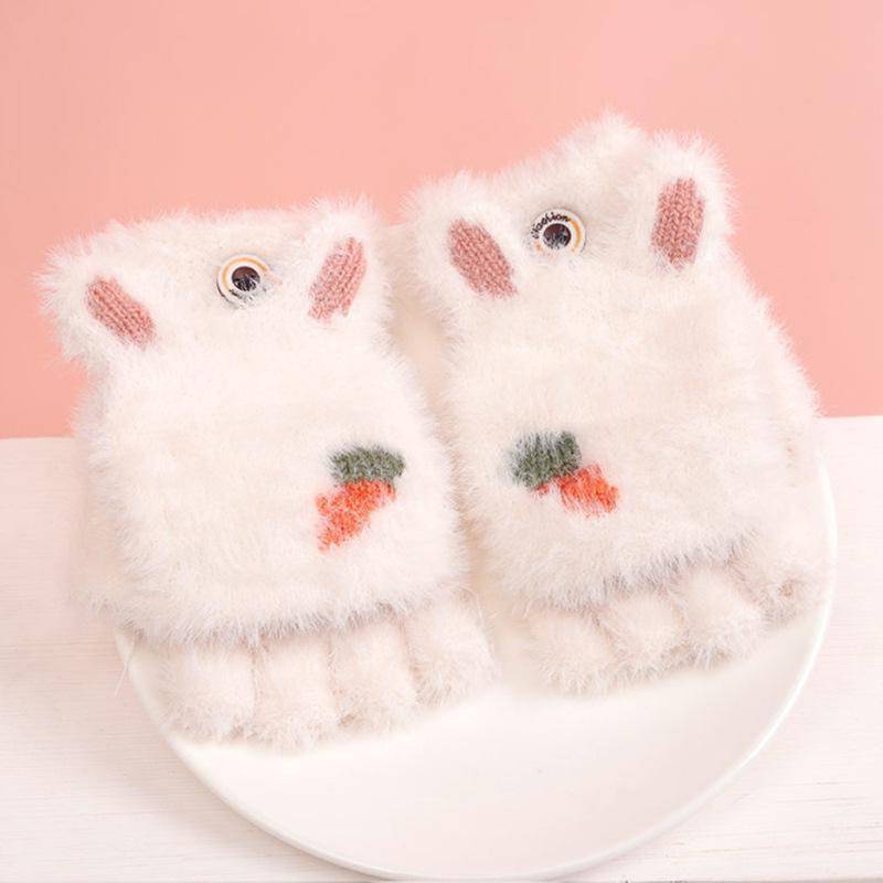 Süße Kinderhandschuhe Winter Warm Kunstpelz Strick Junge Mädchen Kinder Handschuh Cartoon Halbfinger Flip Cover Outdoor Fäustlinge 3-7Y weiß von Joom DACH