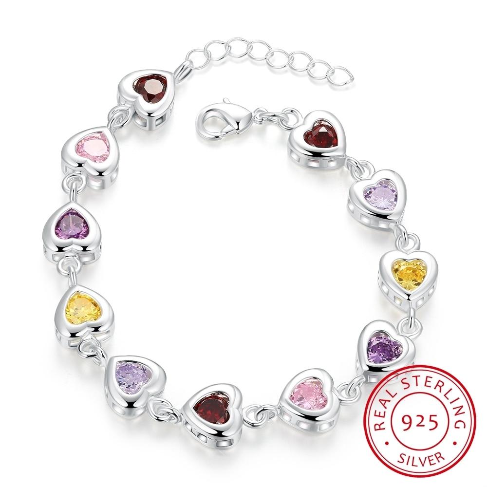 Süße Mode Armband Schmuck Neue Frauen 925 Sterling Silber Herz Bunte Zirkonia Armband Verlobung Party Weihnachten Geschenk von Joom DACH