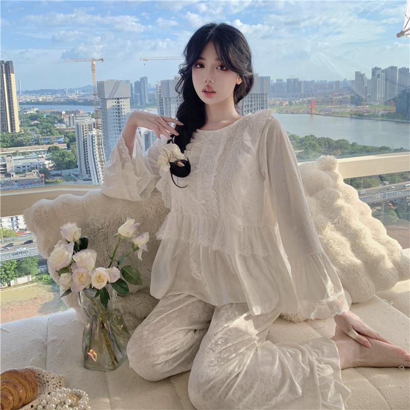 Süße Prinzessin Nachtwäsche Samt Pyjamas Frauen Herbst Winter Nachtwäsche Langarm Casual Nachtwäsche Pyjama Set Lose Hause Kleidung XL weiß von Joom DACH