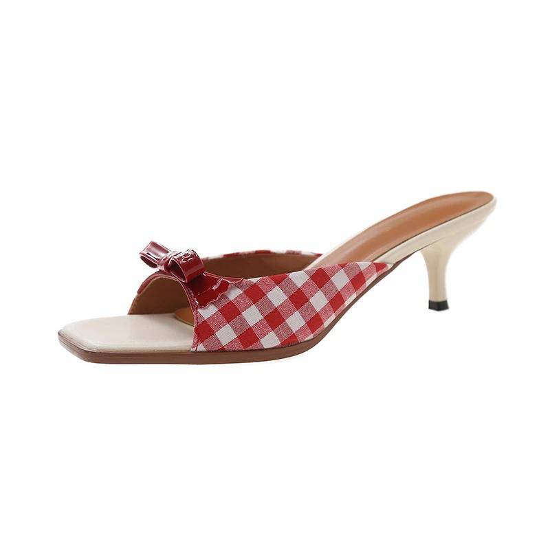 Süße Weiß Rote Karomuster Pantoletten Sandalen Frau Fee Schleife Kitten Heel Pantoletten Damen Niedliche Abendparty Pumps 40 rot von Joom DACH
