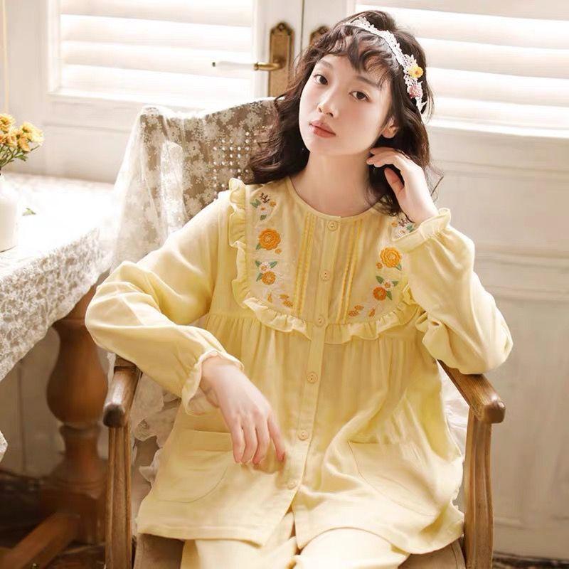 Süße japanische Prinzessin bestickte Heimkleidung Damen-Schlafanzug Langarm Frühling Herbst Reine Baumwollgaze Dünnes Loungewear-Set 3XL von Joom DACH
