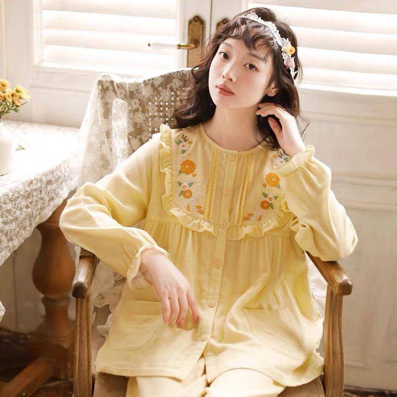Süße japanische Prinzessin bestickte Heimkleidung Damen-Schlafanzug Langarm Frühling Herbst Reine Baumwollgaze Dünnes Loungewear-Set 3XL von Joom DACH