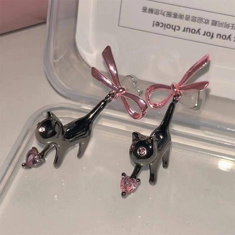 Süße rosa Schleife, rosa Herz, schwarze Katze, baumelnde Ohrringe für Frauen, süßer, kreativer, lustiger Trendschmuck von Joom DACH