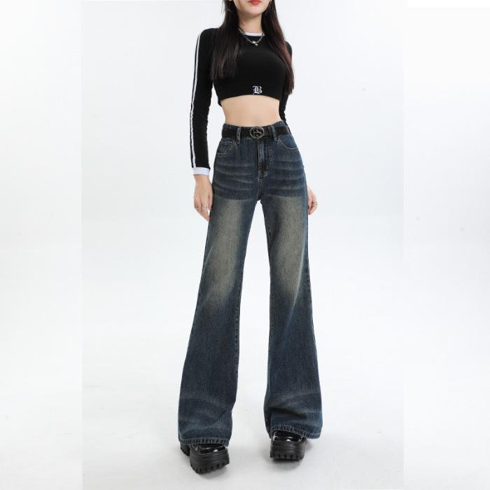 Süße und coole Jeans für Damen, Herbststil Elastische High-Waist Schlaghosen für Damen, Herbststil Hufeisenhosen für Damen L von Joom DACH