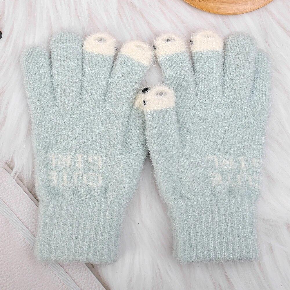 Süße warme Winterhandschuhe für Damen und Mädchen, flauschige Winter-Strickhandschuhe, Wolle, Touchscreen, Vollfinger-Fäustlinge grün von Joom DACH
