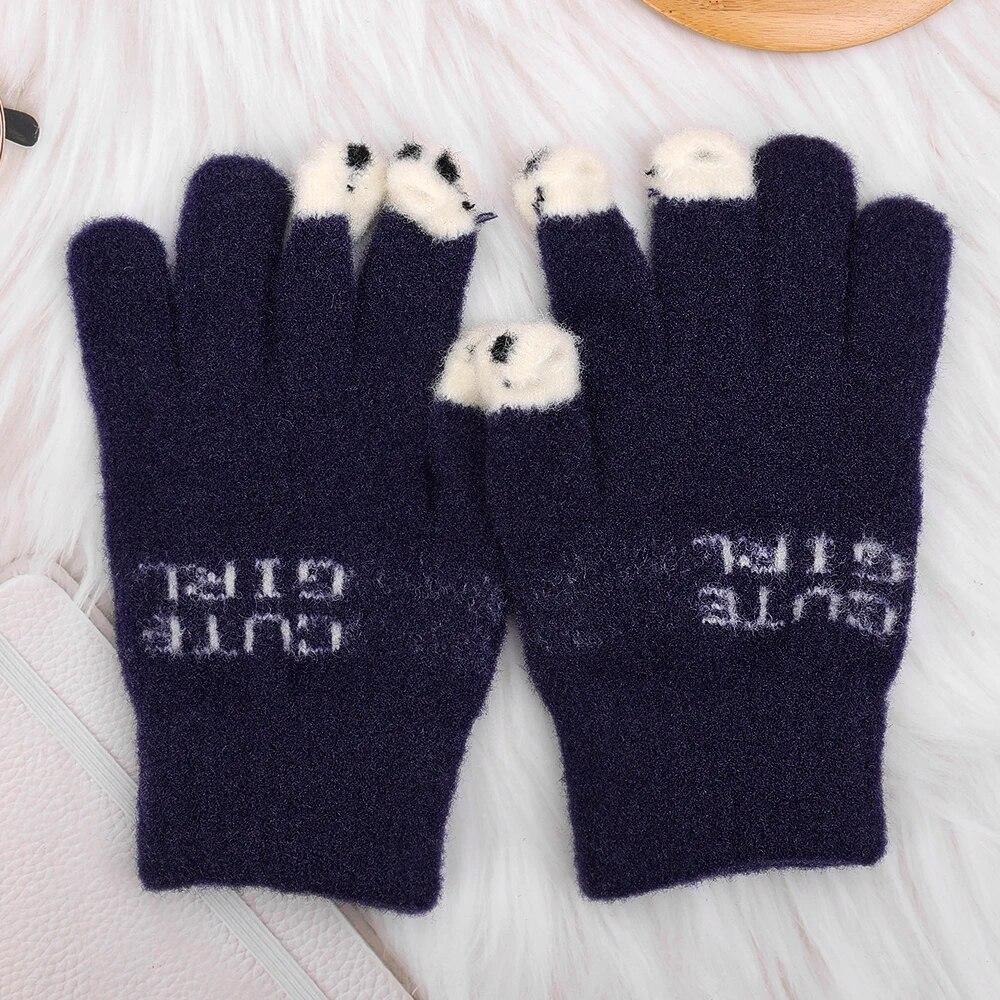 Süße warme Winterhandschuhe für Damen und Mädchen, flauschige Winter-Strickhandschuhe, Wolle, Touchscreen, Vollfinger-Fäustlinge navy blau von Joom DACH