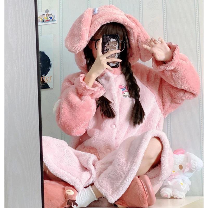 Süßer Prinzessinnen-Schlafanzug mit Kapuze für Damen, Winter, Korallensamt, dick, süß, Bademantel, Nachthemd, Rosa, Kawaii-Cartoon-Nachthemd, Homewear S rosa von Joom DACH