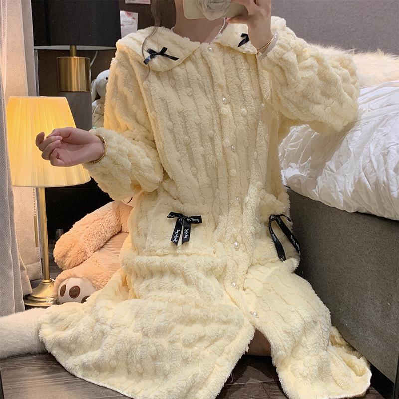 Süßer Prinzessinnenstil Pyjama Winter Korallenfleece Pyjama Damen Lässig Warmer Bademantel Lockerer Pyjama mit Taschen 2XL gelb von Joom DACH