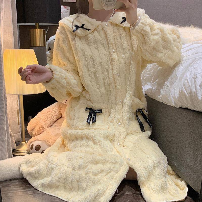Süßer Prinzessinnenstil Pyjama Winter Korallenfleece Pyjama Damen Lässig Warmer Bademantel Lockerer Pyjama mit Taschen 2XL gelb von Joom DACH