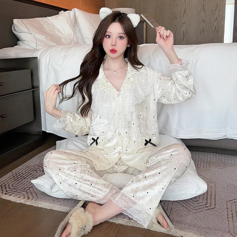 Süßer Spitzen-Samt-Pyjama für Damen, Herbst-Pyjama, Samt-Pyjama-Oberteile, Hosen, Pyjama-Sets, Heimkleidung L weiß von Joom DACH