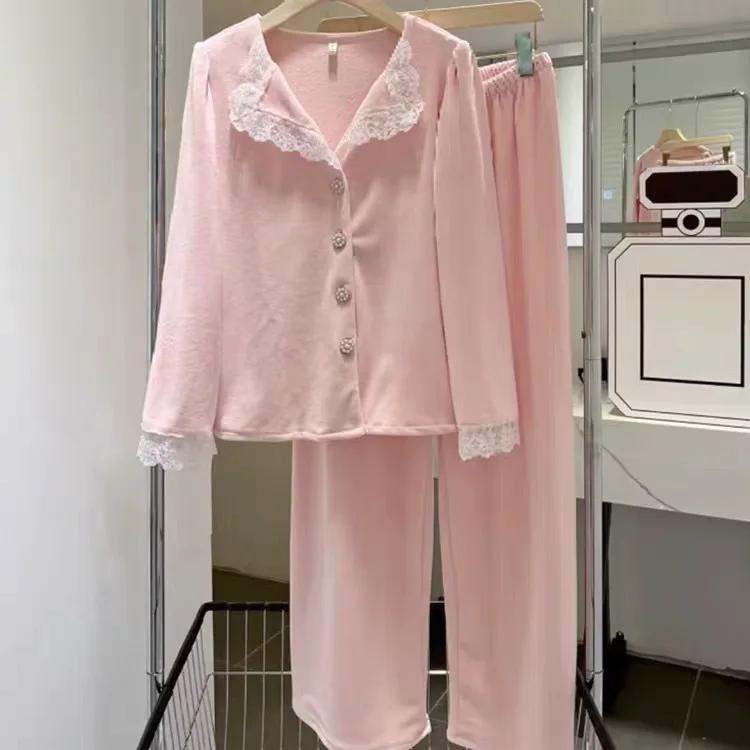 Süßes Französisches Pyjama-Set New Island Samt Damen Nachtwäsche Oberbekleidung Herbst Winter Spitze Flanell Hosenanzug Hauskleidung Loungewear XL von Joom DACH