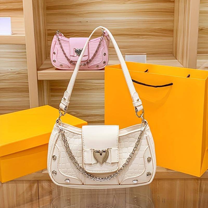 Süßes Herz Dekor Umhängetasche für Damen Abnehmbarer Kettenriemen, Polyesterfutter, Niedliche Geldbörse, Vielseitiges Modeaccessoire, Trendige Handtasche beige von Joom DACH