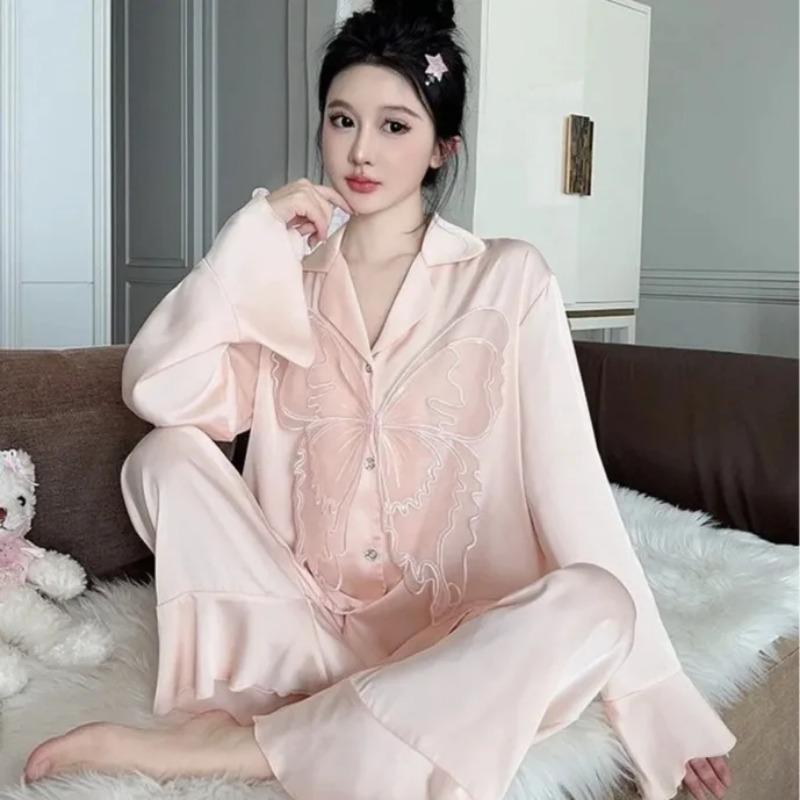 Süßes Reines Verlangen Schmetterling Pyjama Set Damen Sinn Eis Seide Spitze Elegant Langärmelig Hose Zweiteiliges Temperament Pyjama XL von Joom DACH