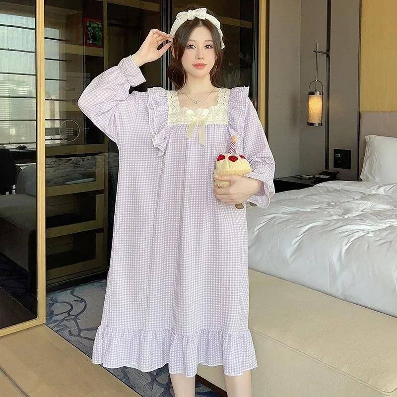 Süßes französisches Nachthemd für Damen im Frühling und Herbst, neuer Pyjama aus reiner Baumwolle, langärmelig, übergroß, für Mädchen, lockere Oberbekleidung 5XL von Joom DACH