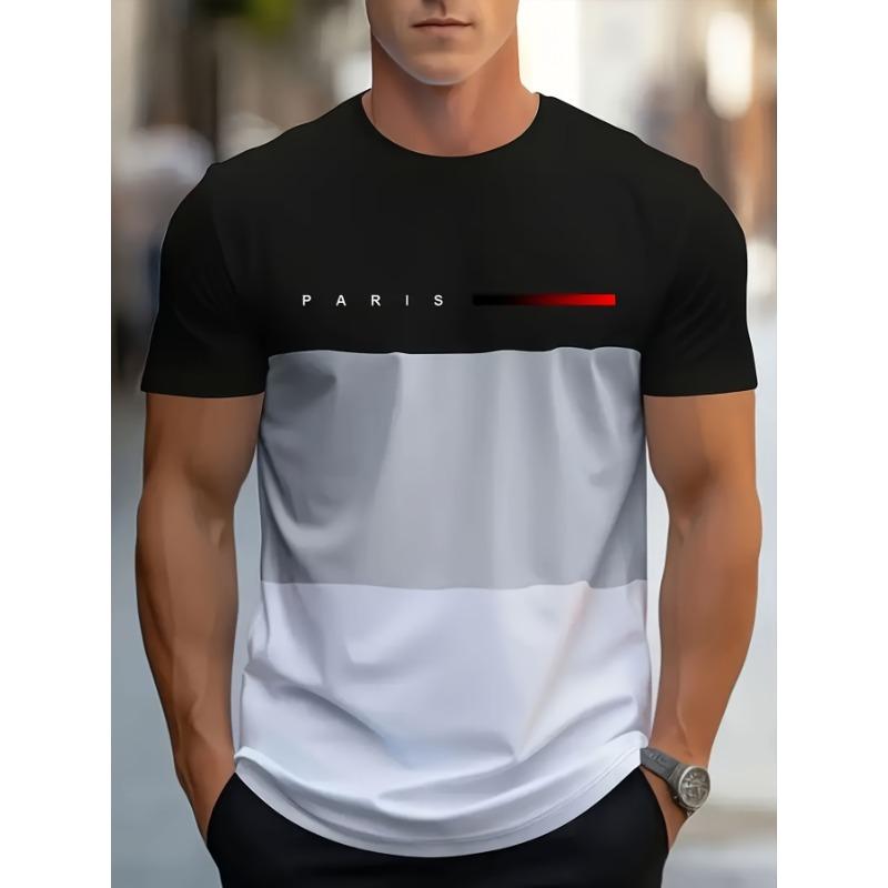 Sommer Rundhals 3D-Druck Eiffelturm Muster Top Modische Lässige Farbblock Kurzarm Herren T-Shirts 6XL von Joom DACH