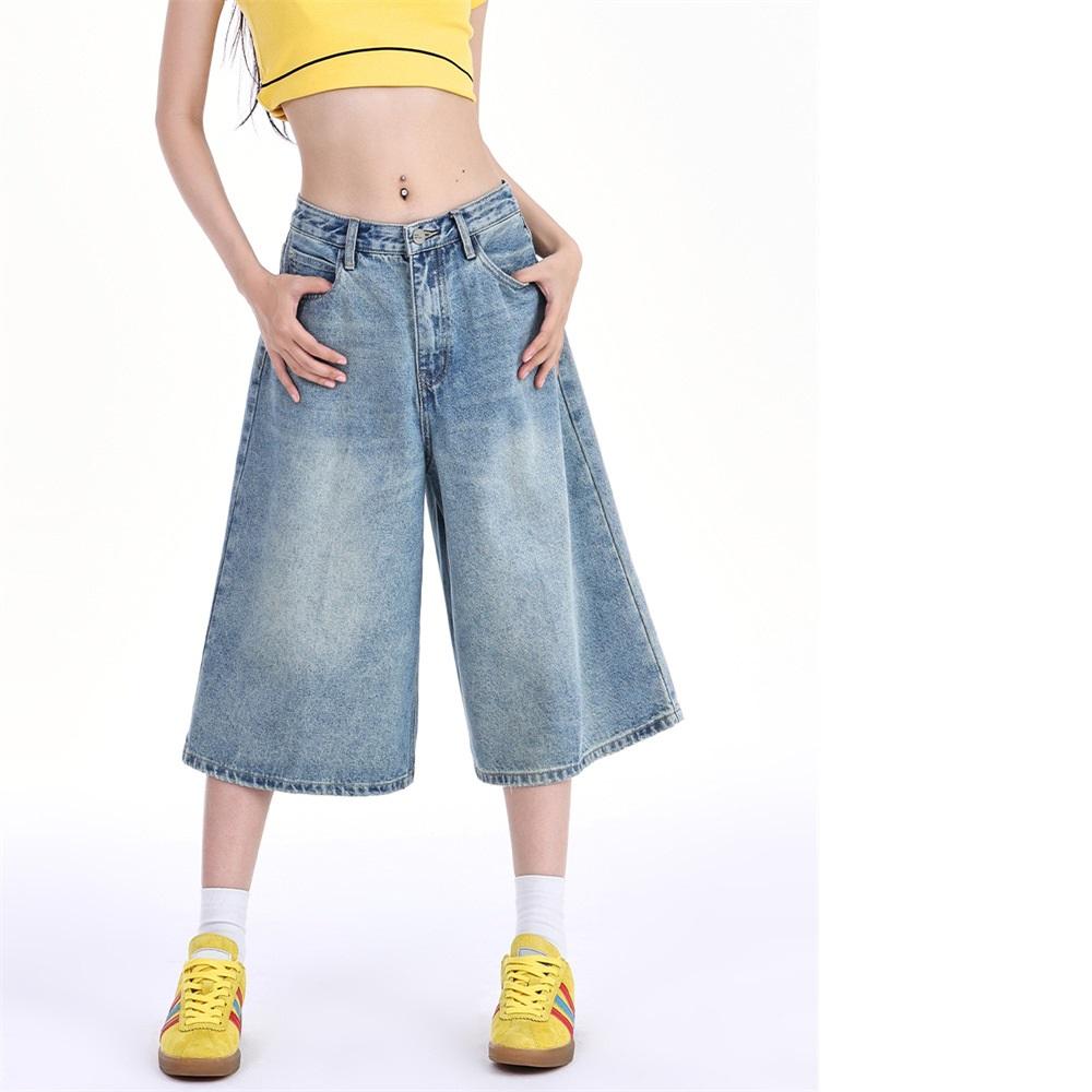 Sommer Damen Cropped Wide-Leg Jeans Trendige Knielange Denim Shorts Low Waist Stretch Bermuda Jeansshorts Baggy Cargo Y2K Vintage Streetwear M blau von Joom DACH