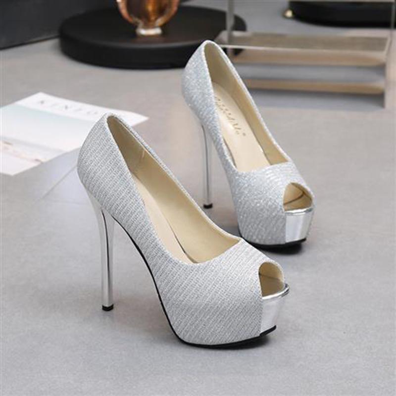 Super High Heels 12 cm Stiletto Professionelle Arbeitsschuhe Schwarzes Mädchen Allgleiches Fischmaul Einzelschuhe 39 silber von Joom DACH