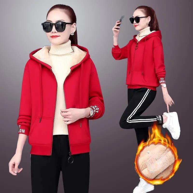 Sweatshirt mit Reißverschluss aus Lammwolle, lässig, warm, Fleece, Hosenanzug, Herbst/Winter, dicker Trainingsanzug mit Kapuze aus Samt für Damen, 2-teiliges Set 3XL rot von Joom DACH