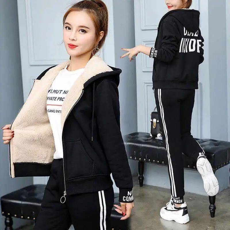 Sweatshirt mit Reißverschluss aus Lammwolle, lässig, warm, Fleece, Hosenanzug, Herbst/Winter, dicker Trainingsanzug mit Kapuze aus Samt für Damen, 2-teiliges Set 3XL schwarz von Joom DACH