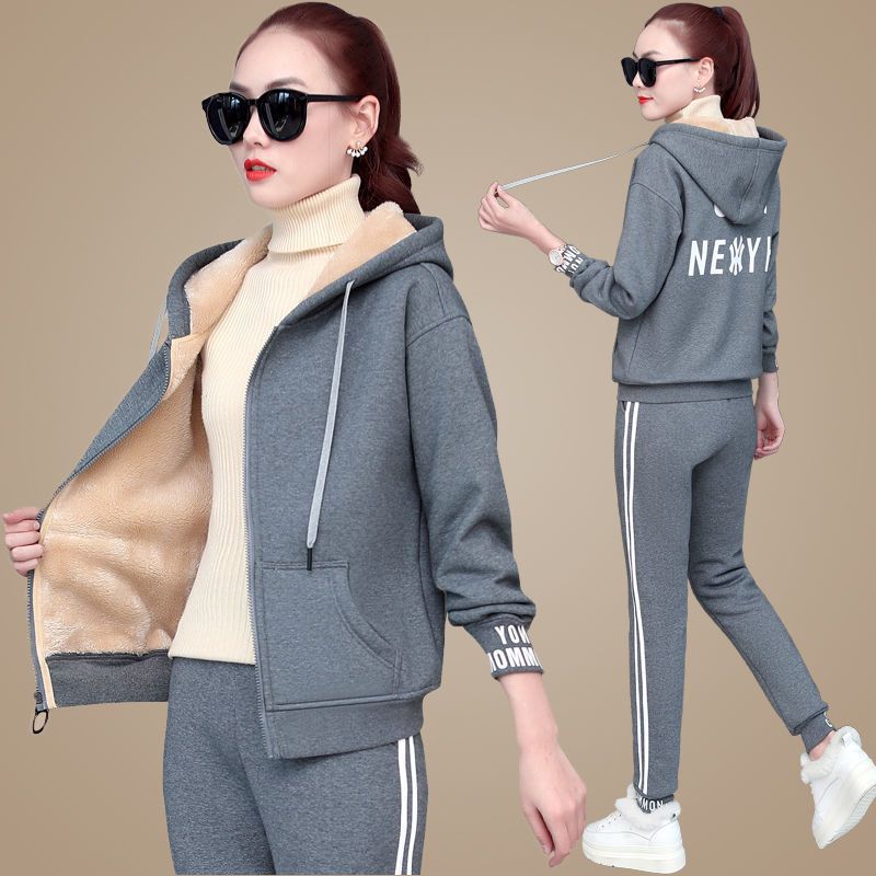 Sweatshirt mit Reißverschluss aus Lammwolle, lässig, warm, Fleece, Hosenanzug, Herbst/Winter, dicker Trainingsanzug mit Kapuze aus Samt für Damen, 2-teiliges Set XL licht grau von Joom DACH