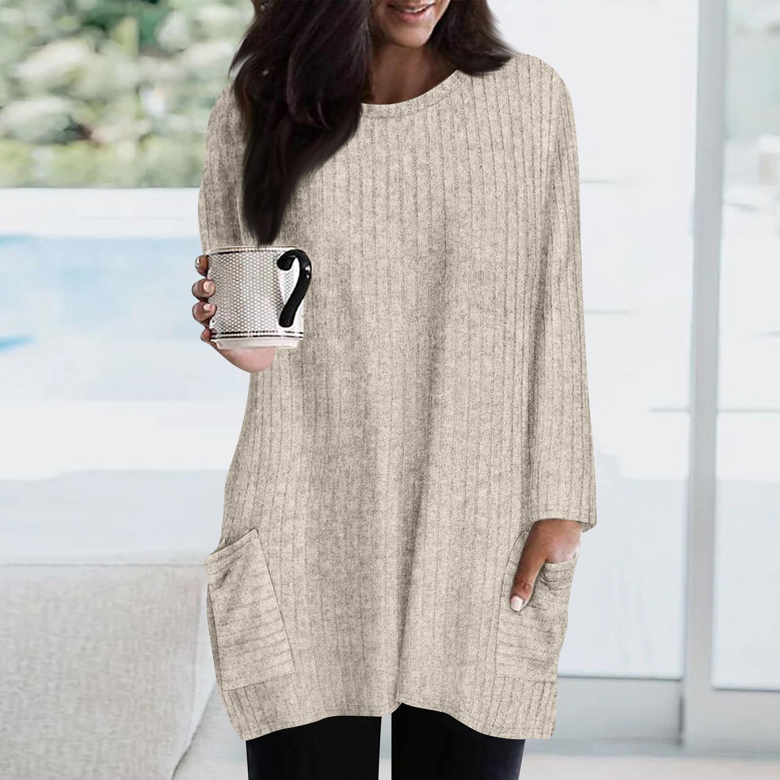 Sweatshirts für Damen, langärmelig, Rundhalsausschnitt, lässig, einfarbig, Tunika-Oberteile mit Taschen XXL beige von Joom DACH