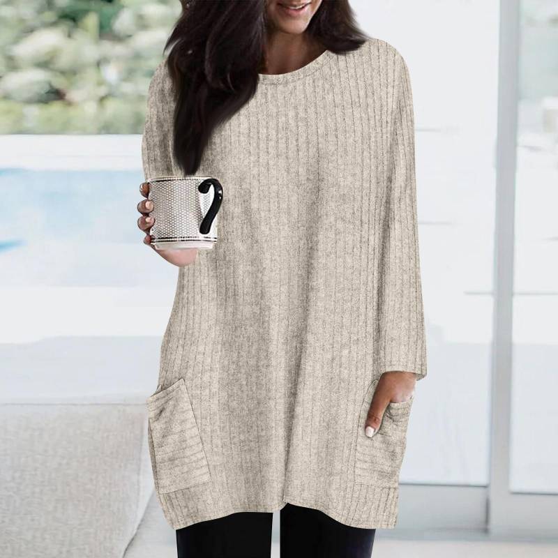 Sweatshirts für Damen, langärmelig, Rundhalsausschnitt, lässig, einfarbig, Tunika-Oberteile mit Taschen XXL beige von Joom DACH